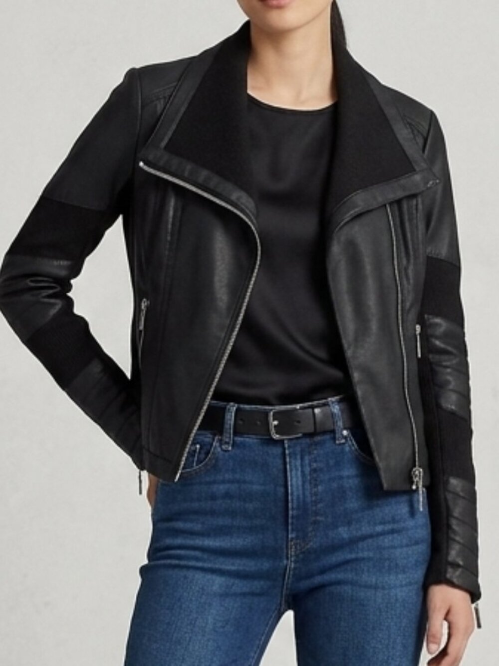 Blue Rain S Black Faux Leather Moto Jacket with Knit Panels